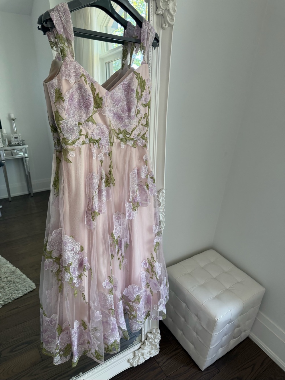 Marchesa Notte Blush Dress with Lavender Embroidery and Green Vine Detail